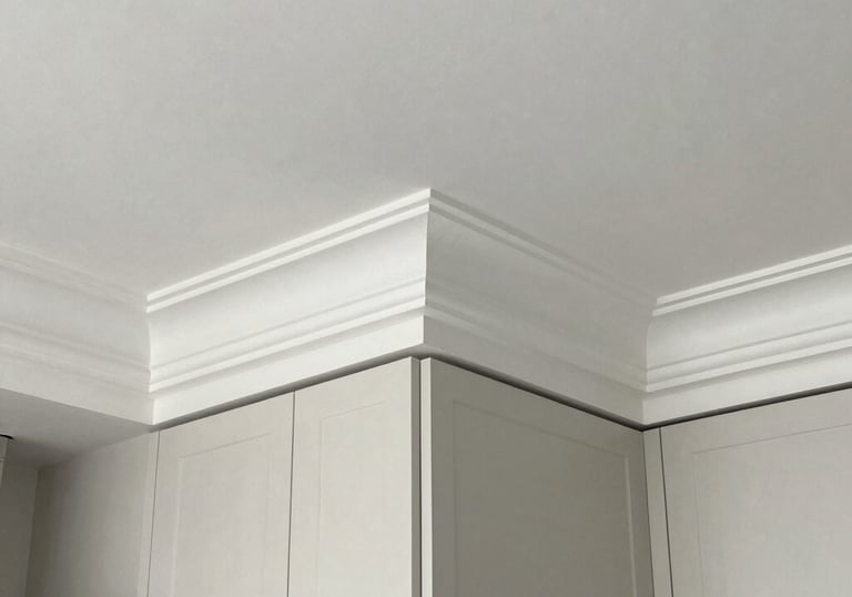 Detailed view of intricate crown molding paired with soft ambient lighting.