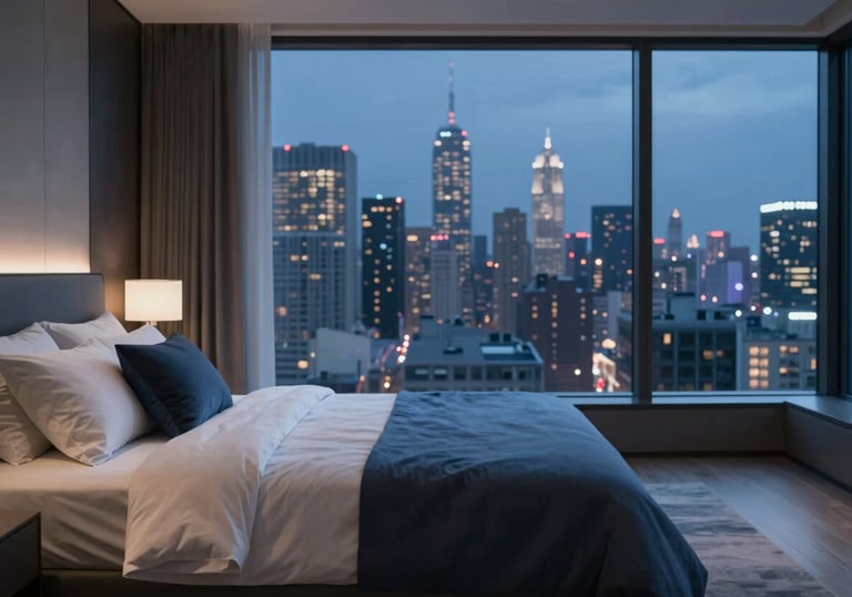 A view of a modern master bedroom with a large window framing a city skyline at night. Minimalist linens in #F5F7F8 and deep blue accents (#5B8FB3).