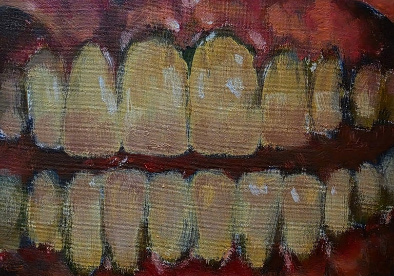 a messy, loose oil painting depicting a close-up picture of yellow teeth, grinning, titled "teeth"