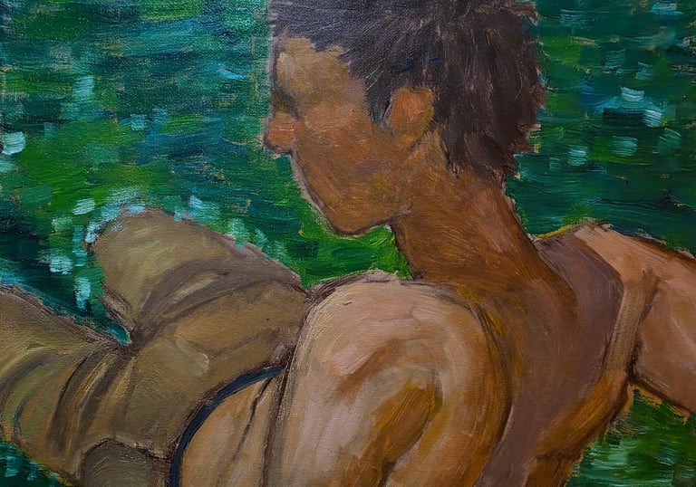 a loose, impressionistic painting of a young man sitting in the green water, titled "at the creek"