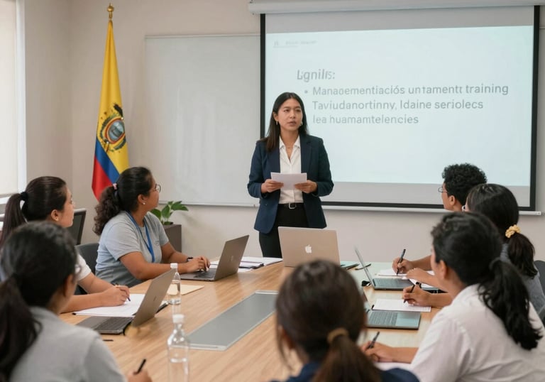 Trainer giving a workshop on data protection to attentive employees.