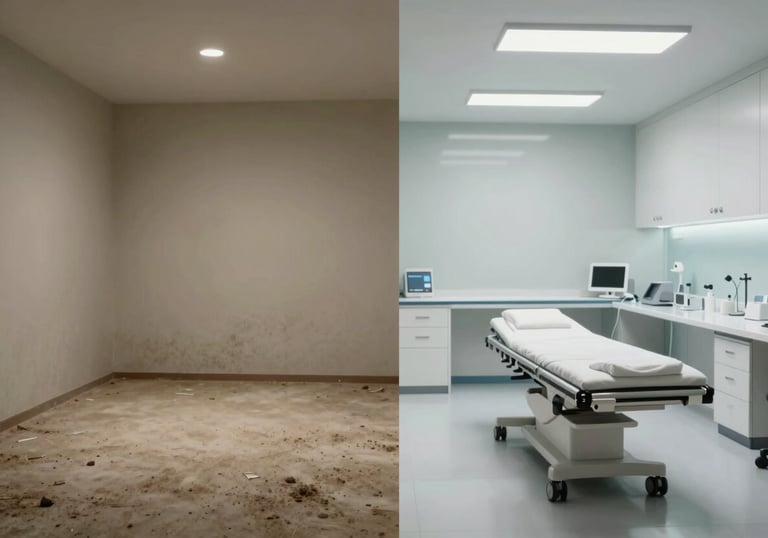 A split composition showing the transformation of a space: a dusty, empty room on one side and a clean, brightly lit, modern medical office on the other.
