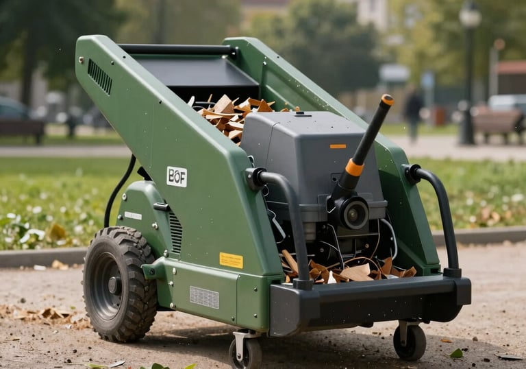 A modern, professional wood chipper operating in a clean Central European / Polish city park environment, showing an eco-friendly approach to green waste management.