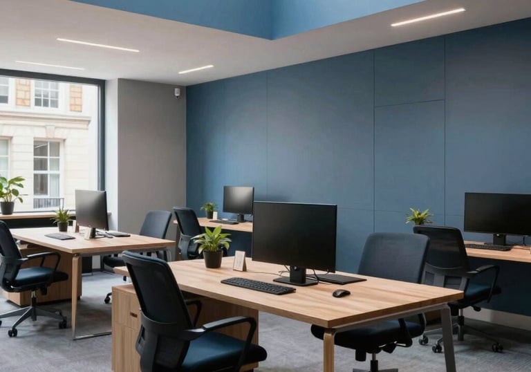 An elegant workspace interior in London with high ceilings and slate blue accents, showcasing a clean, professional financial advisory setting.