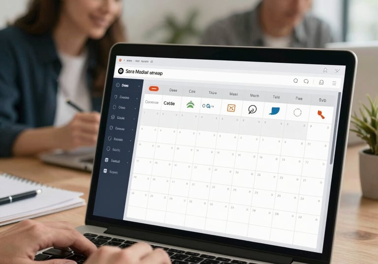 A neat, colorful social media calendar layout displayed on a modern digital device screen.