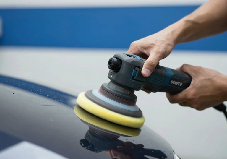 A focused shot of a professional detailer's hands using a dual-action polisher on a dark fender. The foam pad is spinning, and a small amount of polishing compound is visible. The background is a clean shop with #001220 and #E8F1F2 colors. Professional motion blur on the tool.