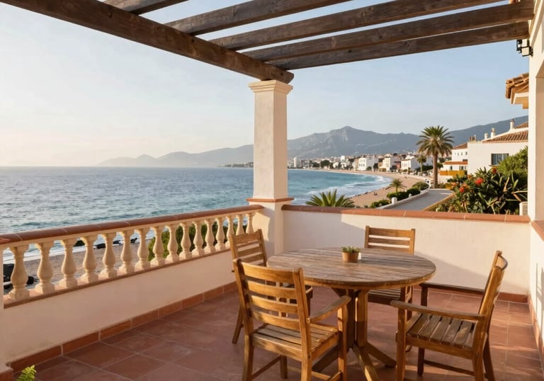 A beautifully designed outdoor terrace with comfortable seating and lush greenery under a clear blue sky.