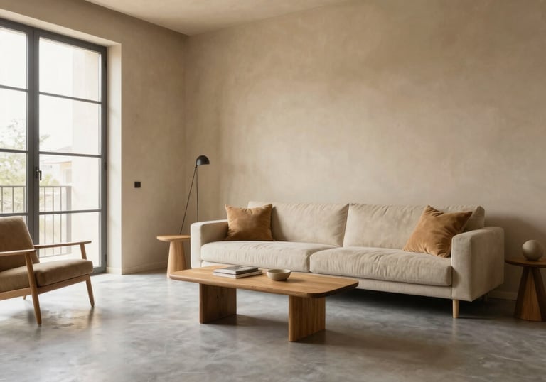 A sleek, modern kitchen with clean lines and warm Mediterranean light streaming through large windows.