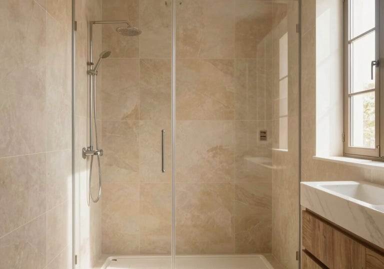 A serene spa bathroom featuring natural stone, soft lighting, and a freestanding tub.