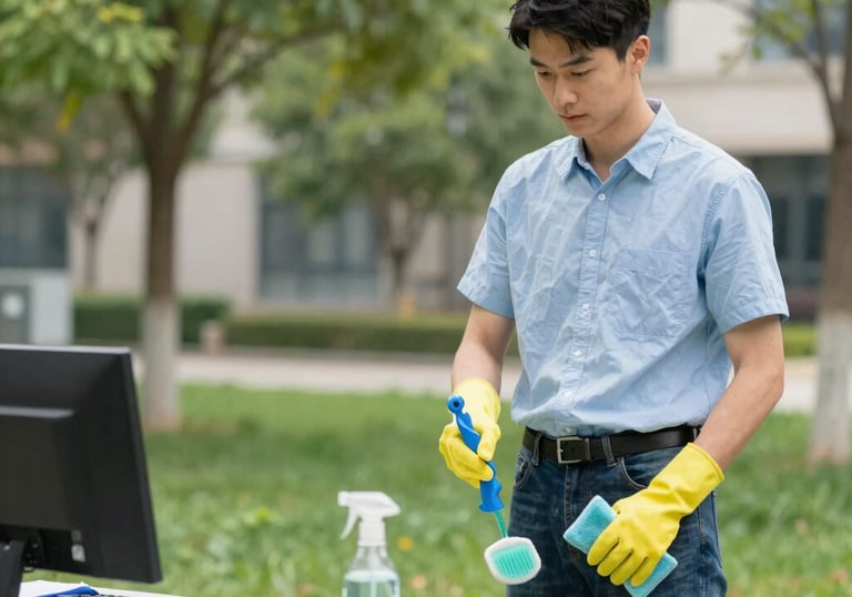 Close-up of a technician performing maintenance on an air conditioning system.