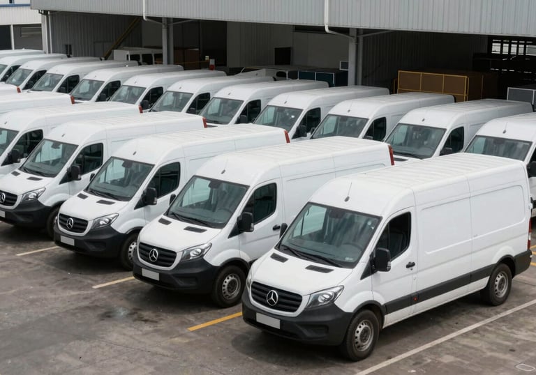 A commercial fleet of white delivery vans parked in a modern logistics warehouse in a South American / Brazilian industrial zone. Clean, organized, professional look.