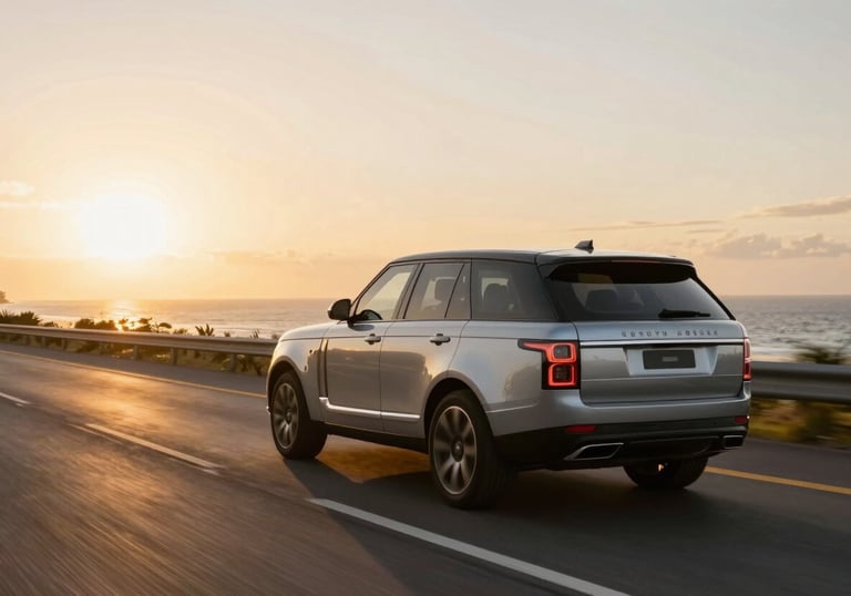 A luxury SUV driving on a highway near a South American / Brazilian coast during sunrise. The lighting is golden and warm, conveying a sense of freedom and security.