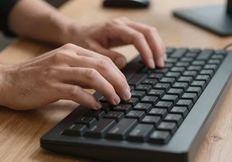Close up of a person's hands typing on a mechanical keyboard in a well-lit, tech-focused North American home office.