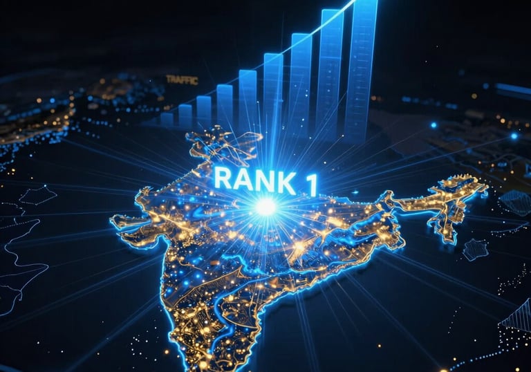 Visual of a digital map highlighting SEO growth across Indian cities with rising graphs.
