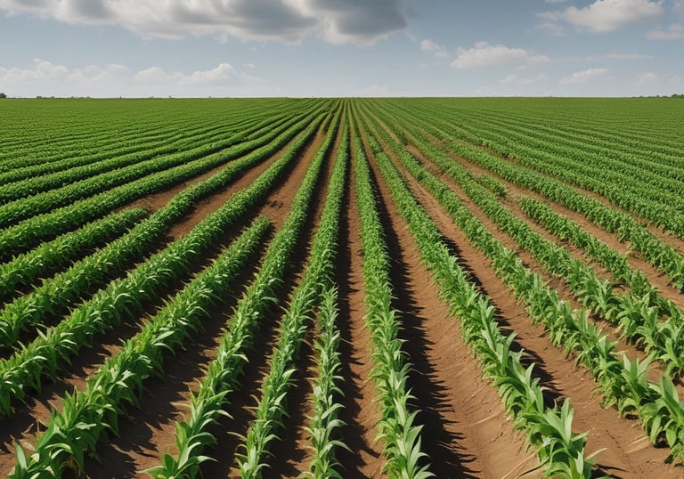 Drone flying low over a lush cornfield capturing real-time crop health data.