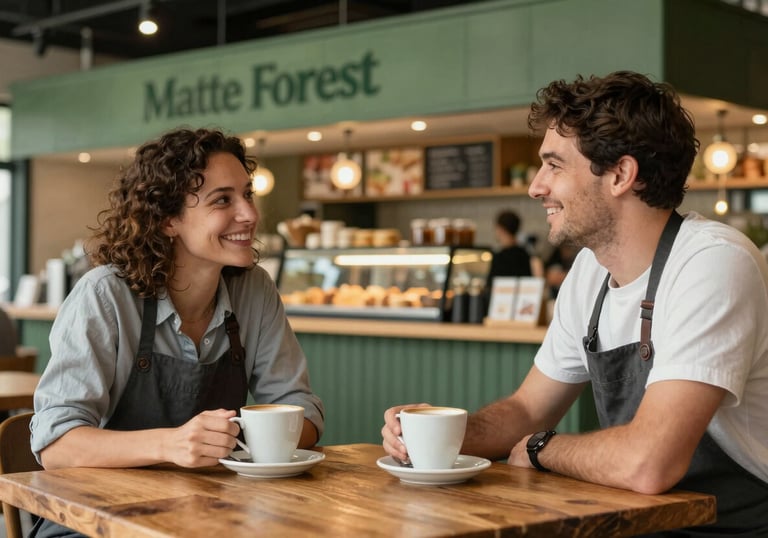 A joyful scene of a restaurant owner and an agency creative talking over coffee at a rustic wooden table. The background shows a modern, cozy food market interior with Matte Forest Green elements.