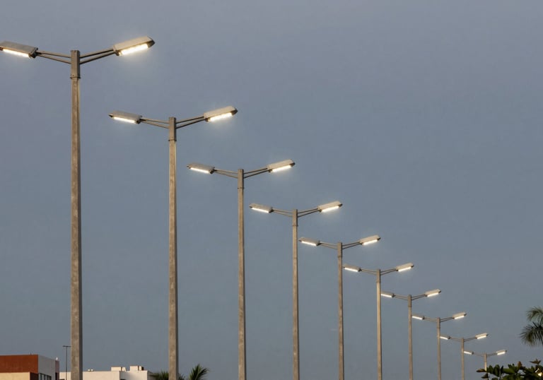A row of modern street light poles recently installed in a Brazilian urban development, dusk lighting, emphasizing infrastructure success.