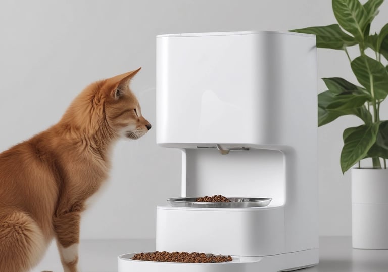 Sleek automatic pet feeder with digital display on a clean white background.