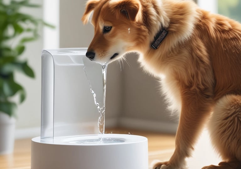 Modern smart pet water fountain glowing softly with mint green accents.