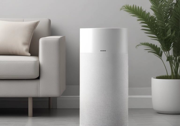 Compact pet air purifier with a minimalist design in navy and white.