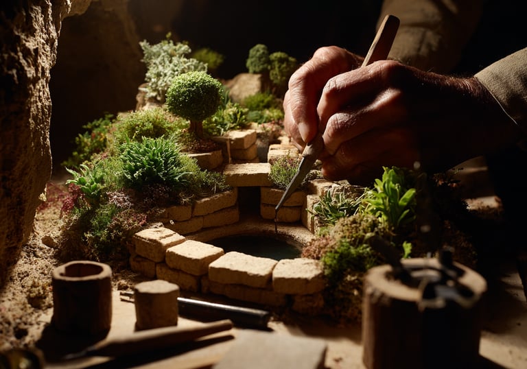 Artist crafting a detailed miniature garden diorama with tiny moss trees and a stone pond.