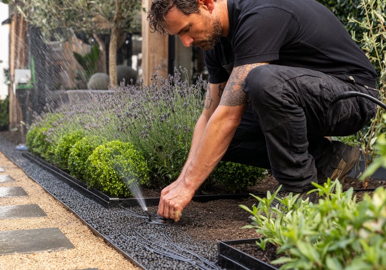Professional landscaper installing a garden drip irrigation system with micro-sprinklers in a backyard.