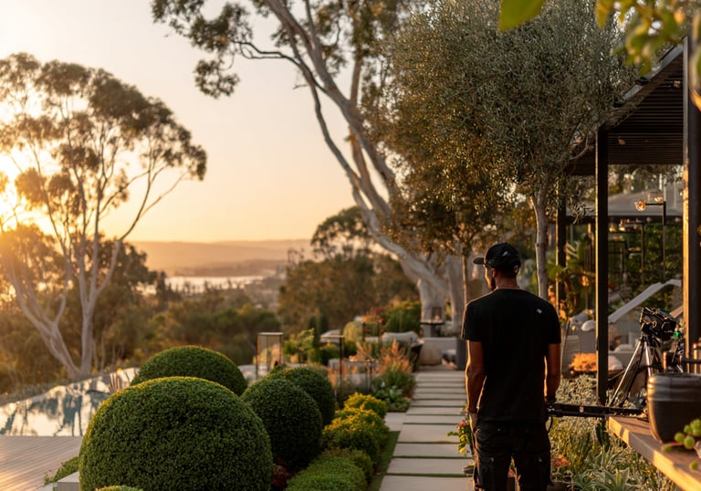 A photographer stands on a luxury patio with manicured gardens overlooking a sunset ocean view.
