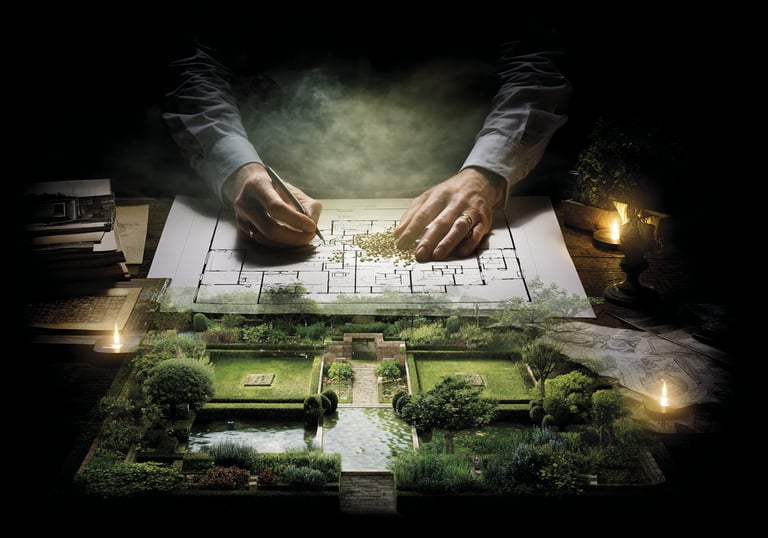 Architectural mood board with material samples on a table overlooking a serene garden pond landscape.