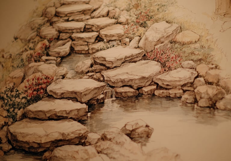 Watercolor illustration of a backyard stone waterfall feature with a pond and garden flowers.
