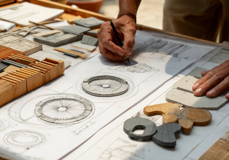 Architect sketching detailed circular building plans on a drafting table with wooden models and stone samples.