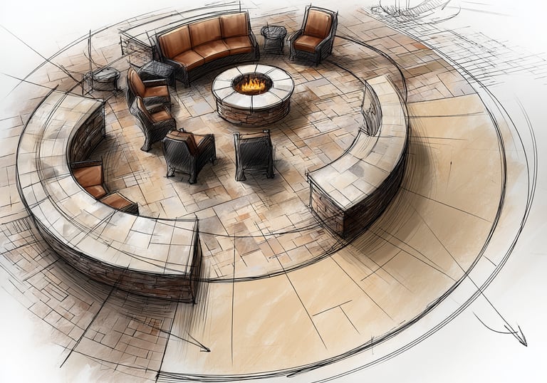 Architectural sketch of a circular stone patio design with a central fire pit and outdoor seating.