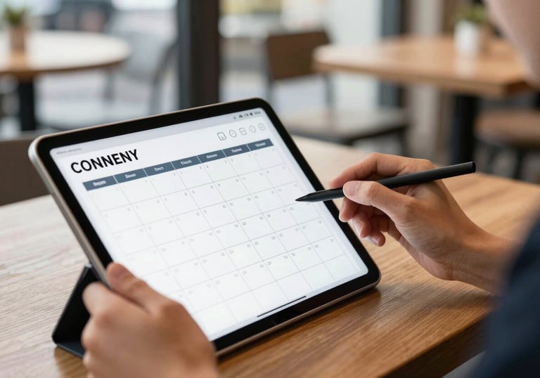 A professional social media manager planning a digital content calendar on a tablet in a bright North American / Western cafe setting.