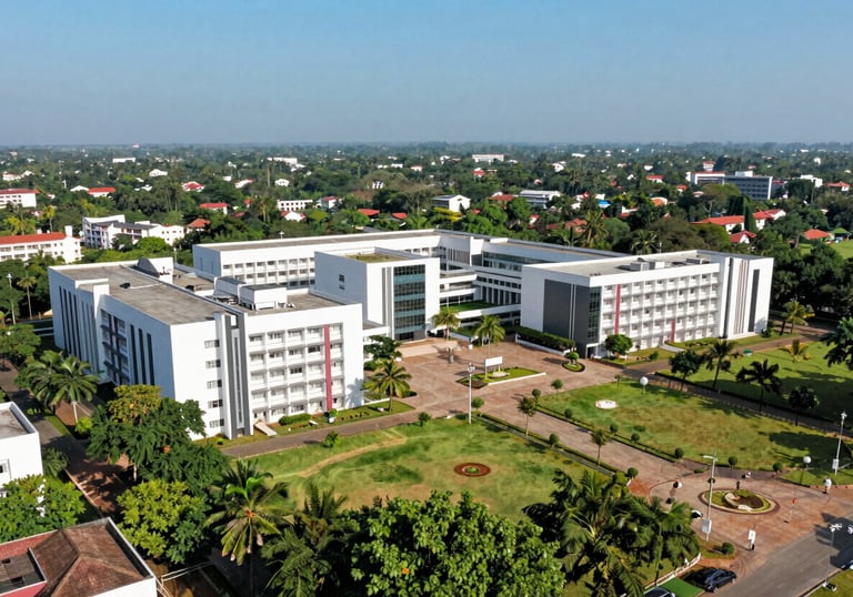 A lush, green aerial view of a private engineering university campus in Tamil Nadu, showing interconnected modern blocks and academic squares, clean architectural lines under a clear blue sky.