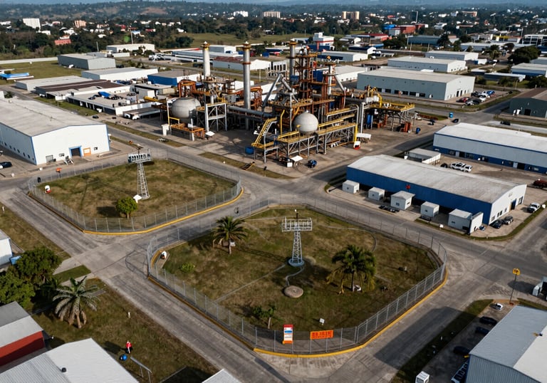 An aerial view of an industrial complex in the region of Sinaloa, showing localized security perimeters and electrified fencing, highlighting commercial and industrial safety solutions.