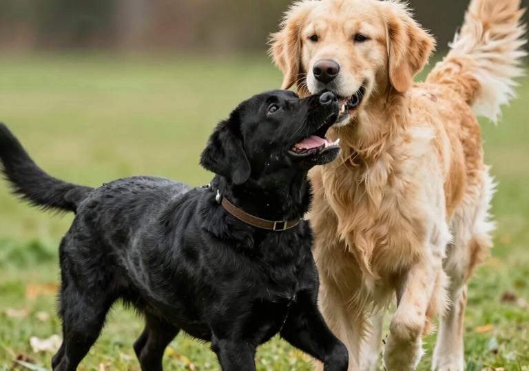 Sunny backyard with a happy dog playing on green grass.