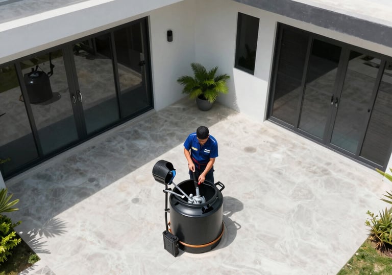 An aerial view of a clean, modern residential courtyard in the Philippines where a professional septic service is being discreetly performed, bright and sunny day.