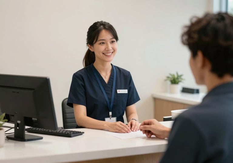 A welcoming North American / US clinic reception desk with a professional receptionist assisting a patient. The background is clean and soft off-white.
