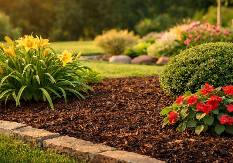 High-quality dark brown mulch installed in flower beds to improve soil moisture and curb appeal in G