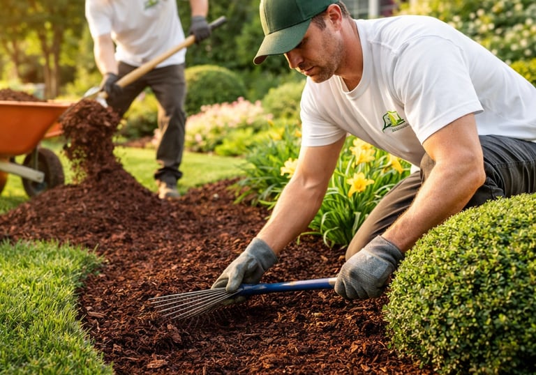 Evenly installed residential mulch showing proper depth and clean application for landscaping projec