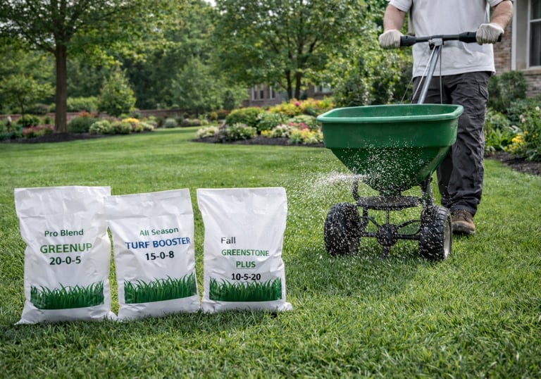 Lawn care professional in white shirt applying custom fertilizer with broadcast spreader on a health