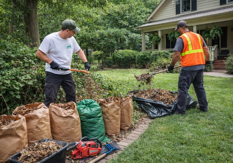 Customized yard cleanup service in the Triangle NC with landscapers performing seasonal leaf removal