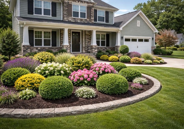 Shrub and ornamental plant installation creating a structured and vibrant front yard landscape in th