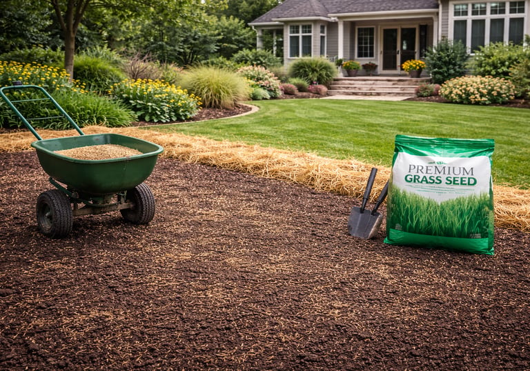 Lawn seeding and new grass installation in Garner NC showing freshly prepared soil with premium gras