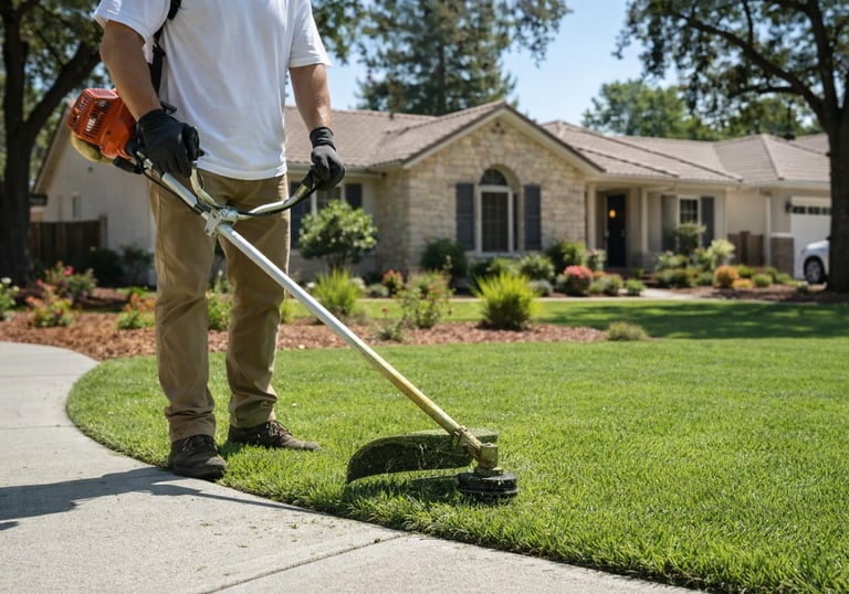 Landscaping professional performing string trimming along sidewalk at a residential home in Garner a