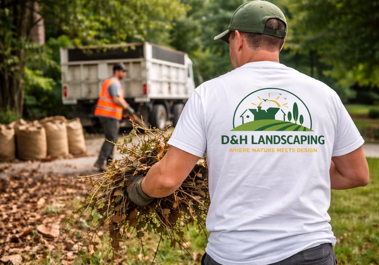 Professional yard clean up crew removing leaves debris from a residential lawn in nc