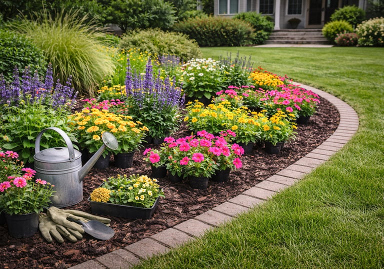 Seasonal flower planting service in Garner NC showing professionally installed colorful flower beds 