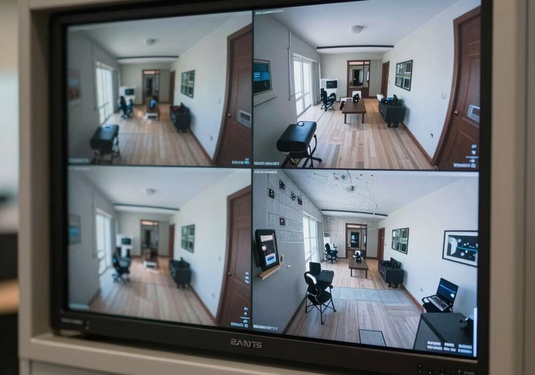 A security control panel and monitors showing clear camera feeds inside a modern South American home, reflecting a sense of security.