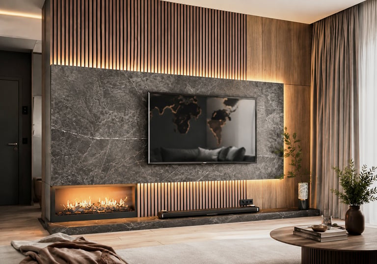 Custom media wall with integrated storage and lighting