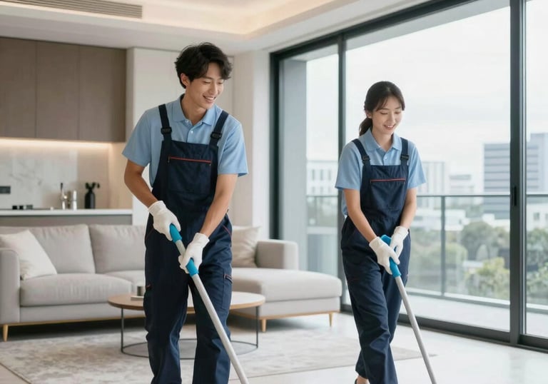 Elegant living room with navy blue and gold accents, showcasing a spotless, modern rental property.