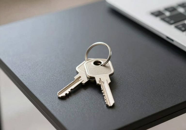 Close-up of a gold-accented key fob resting on a navy blue velvet cushion in a luxury rental.